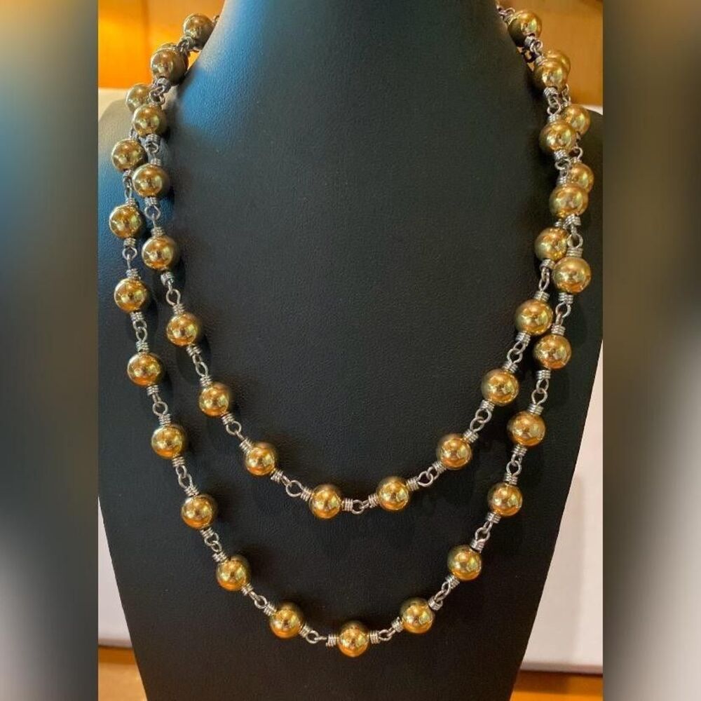 CH Gold Tone Beaded Station Necklace Silver Tone Wire Wrapped Chain Jewelry